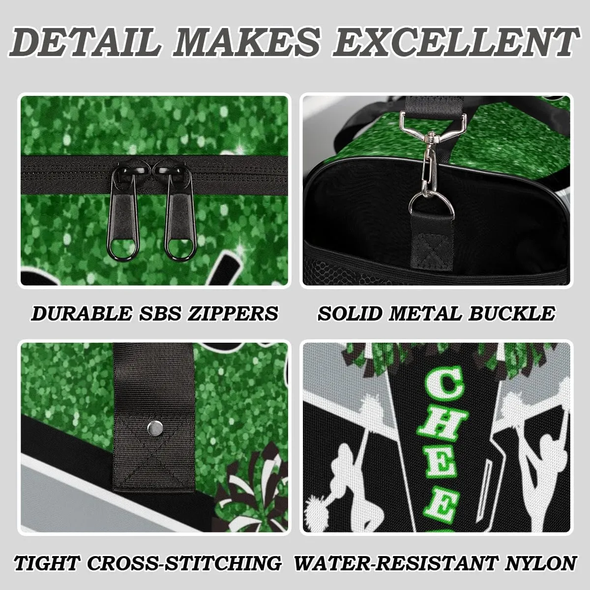 Personalized Cheerleader Cheer Bag with Name Sport Duffel Bag for Women Customize Travel Bag Overnight Weekender Bags, Dark Green Glitter