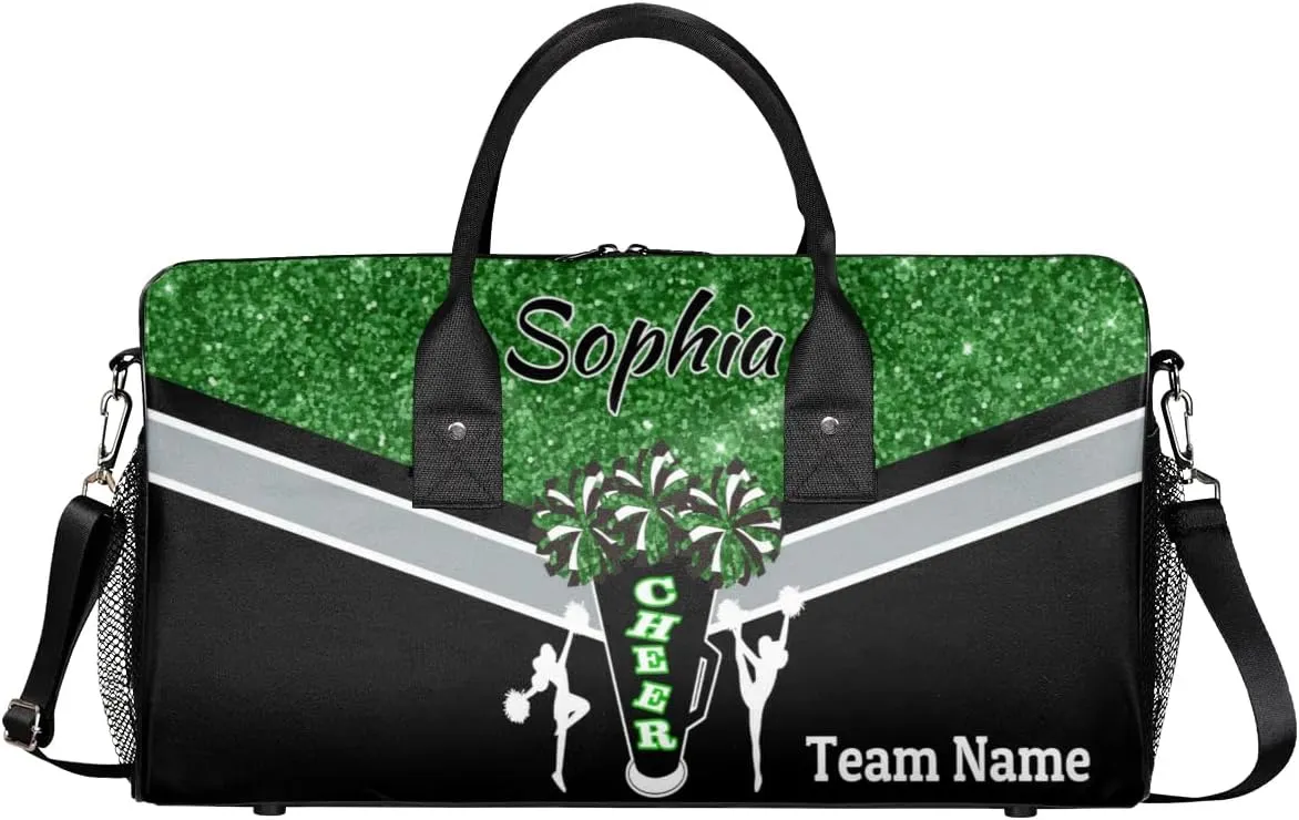 Personalized Cheerleader Cheer Bag with Name Sport Duffel Bag for Women Customize Travel Bag Overnight Weekender Bags, Dark Green Glitter