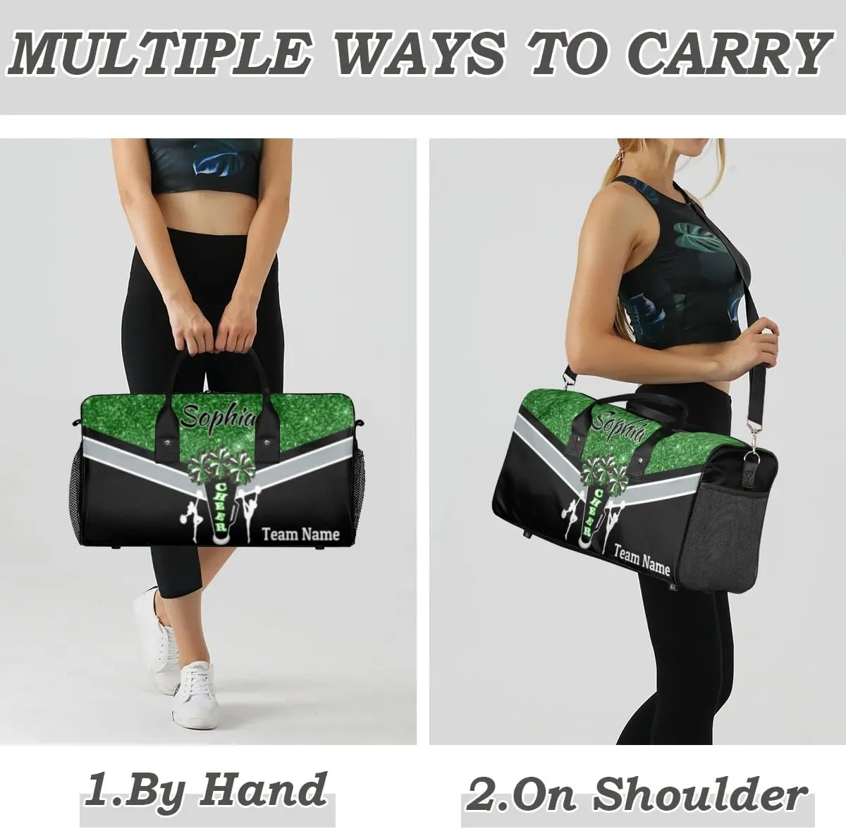 Personalized Cheerleader Cheer Bag with Name Sport Duffel Bag for Women Customize Travel Bag Overnight Weekender Bags, Dark Green Glitter