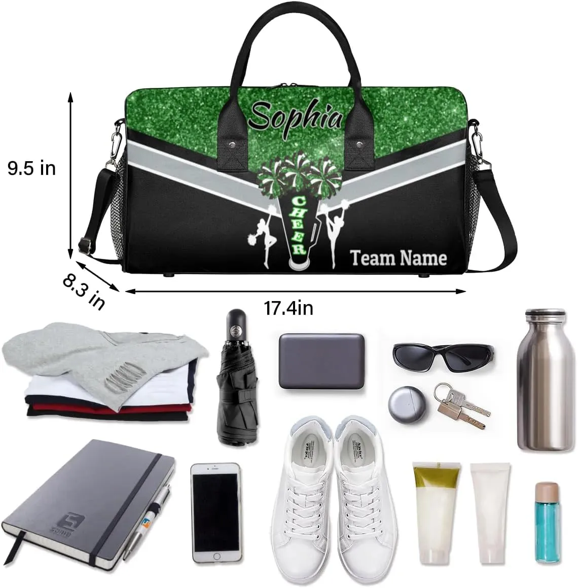 Personalized Cheerleader Cheer Bag with Name Sport Duffel Bag for Women Customize Travel Bag Overnight Weekender Bags, Dark Green Glitter