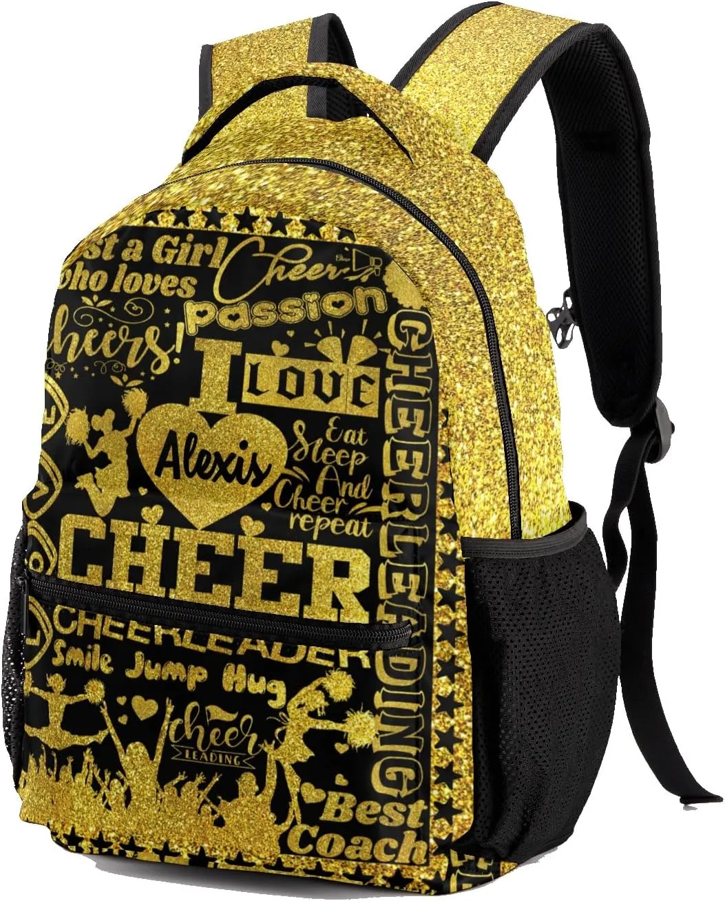 Personalized Cheerleading Golden Black Glitter Print Bags with Name Bag Waterproof Backpack Unisex Schoolbag Gift Casual Pack for Student Boys Girls