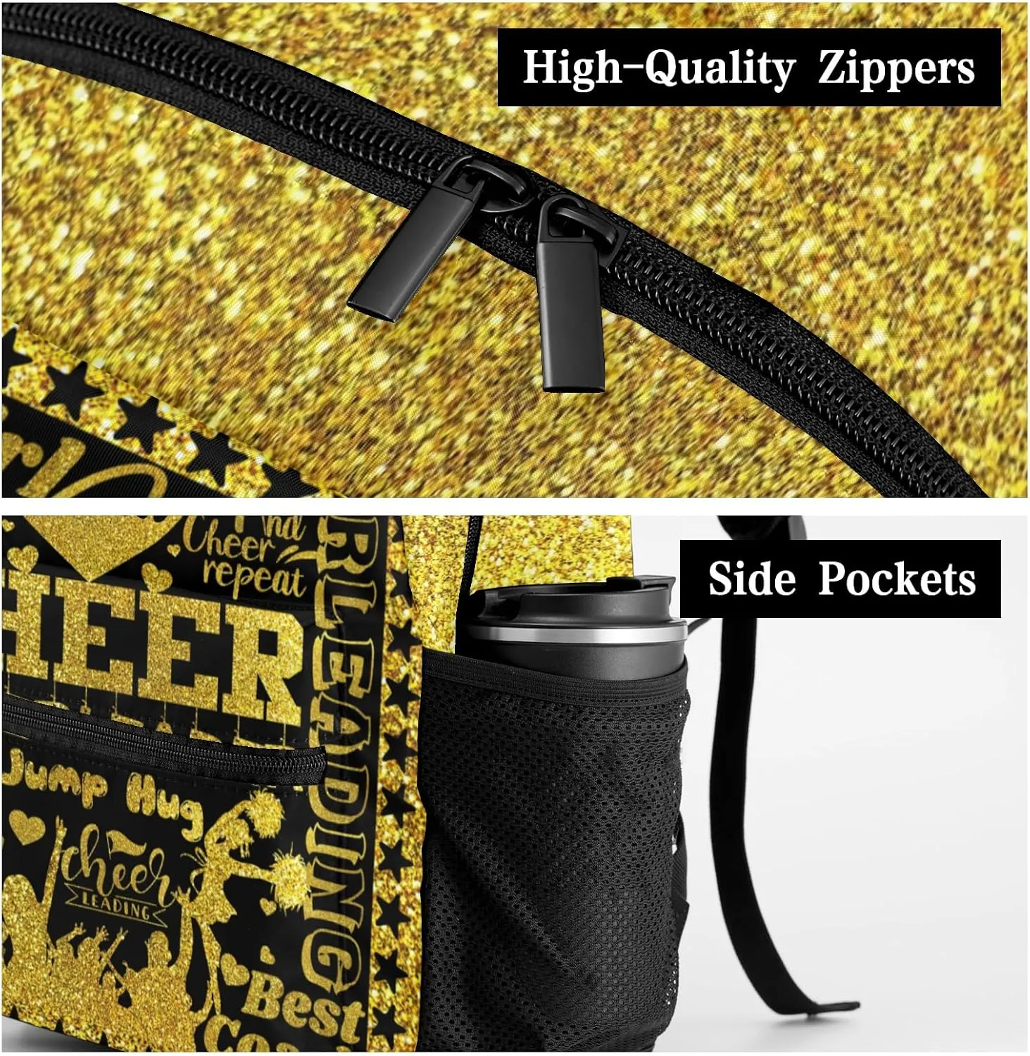 Personalized Cheerleading Golden Black Glitter Print Bags with Name Bag Waterproof Backpack Unisex Schoolbag Gift Casual Pack for Student Boys Girls