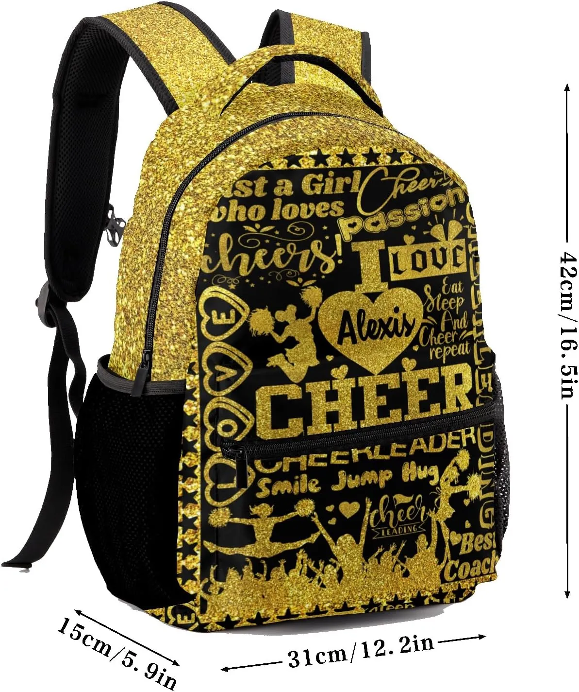 Personalized Cheerleading Golden Black Glitter Print Bags with Name Bag Waterproof Backpack Unisex Schoolbag Gift Casual Pack for Student Boys Girls