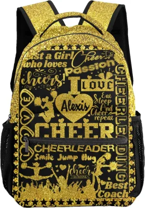 Personalized Cheerleading Golden Black Glitter Print Bags with Name Bag Waterproof Backpack Unisex Schoolbag Gift Casual Pack for Student Boys Girls