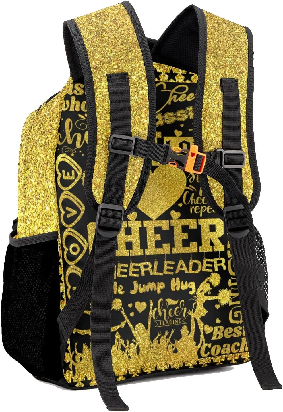 Personalized Cheerleading Golden Black Glitter Print Bags with Name Bag Waterproof Backpack Unisex Schoolbag Gift Casual Pack for Student Boys Girls