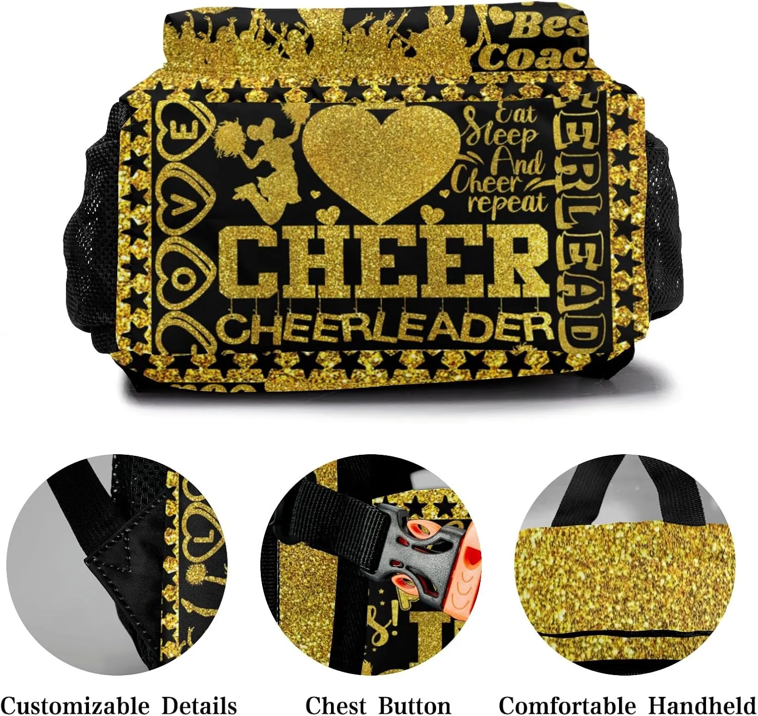 Personalized Cheerleading Golden Black Glitter Print Bags with Name Bag Waterproof Backpack Unisex Schoolbag Gift Casual Pack for Student Boys Girls