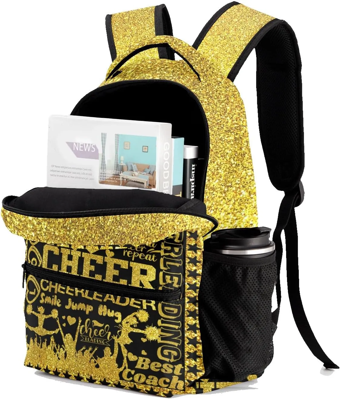 Personalized Cheerleading Golden Black Glitter Print Bags with Name Bag Waterproof Backpack Unisex Schoolbag Gift Casual Pack for Student Boys Girls