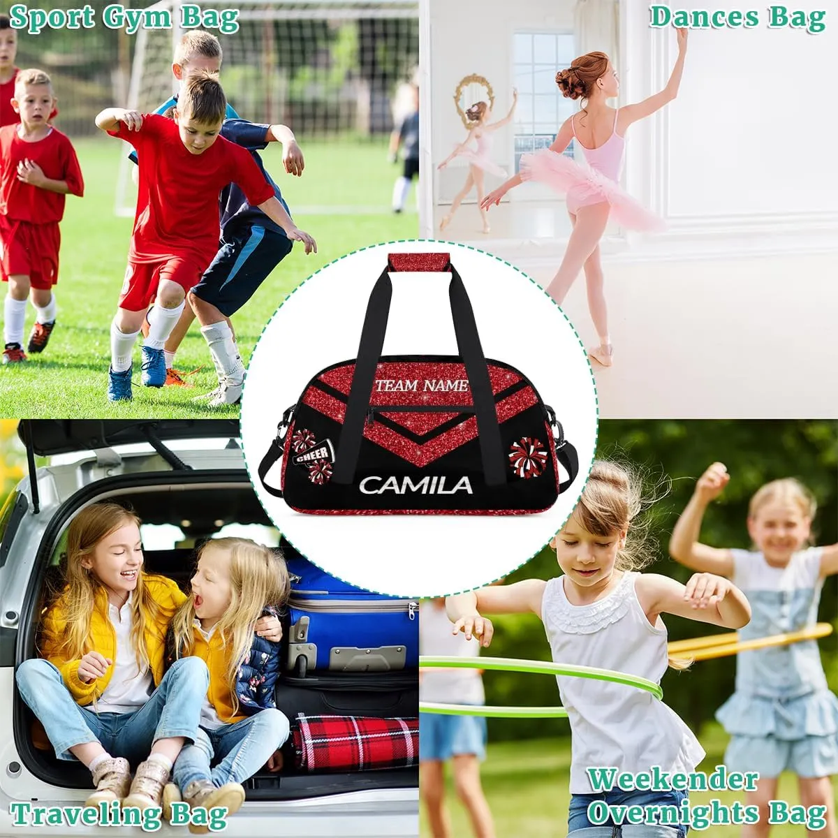 Personalized Children Gym Bag Girl Travel Duffle Bag Custom Cheer Bag Girl Customize Sport Duffel Bag with Name and Team Name Glitter Red