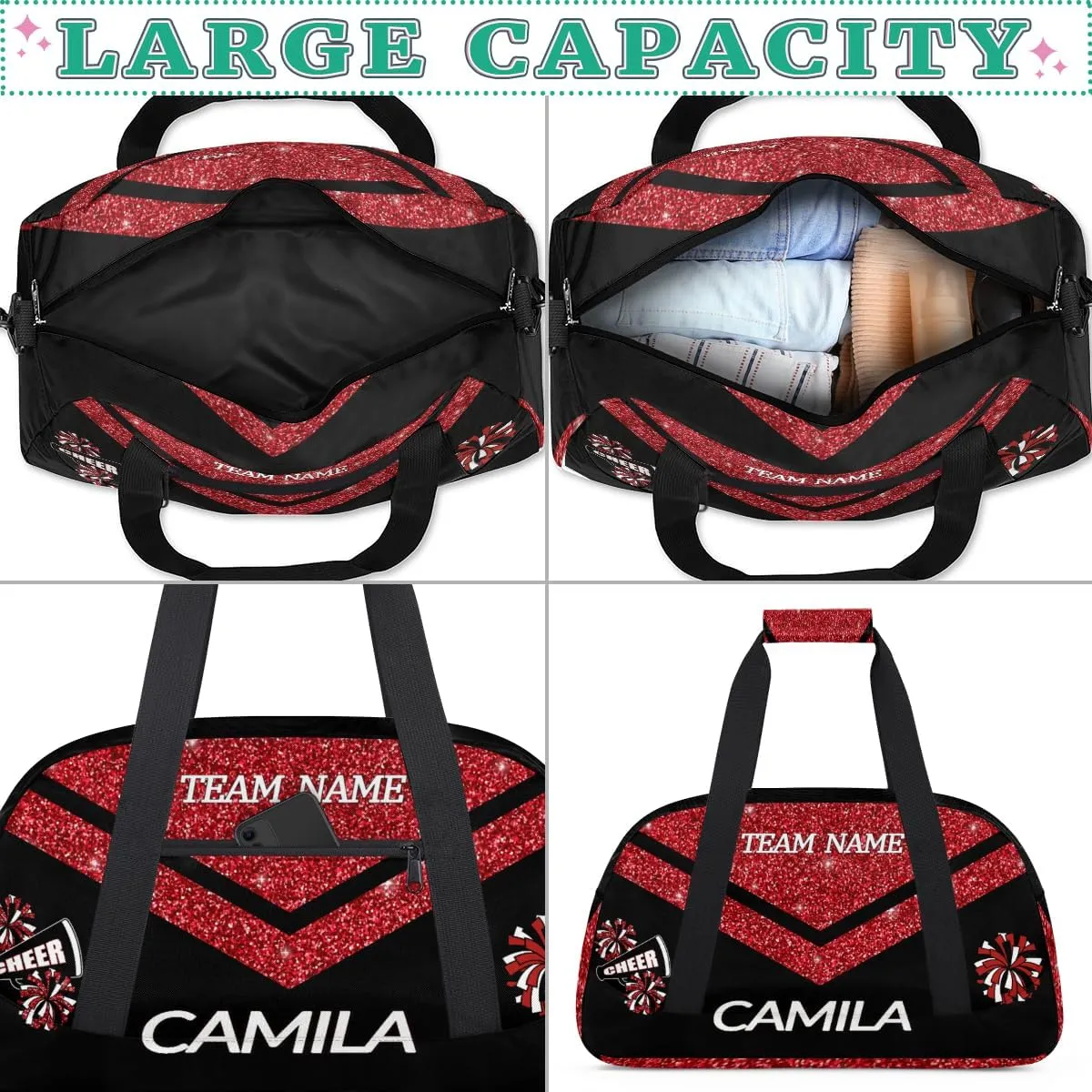 Personalized Children Gym Bag Girl Travel Duffle Bag Custom Cheer Bag Girl Customize Sport Duffel Bag with Name and Team Name Glitter Red