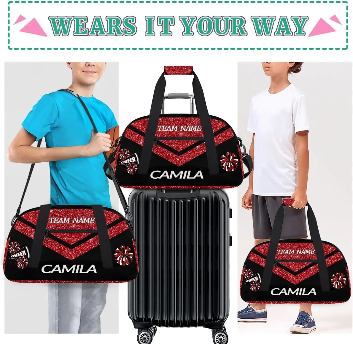 Personalized Children Gym Bag Girl Travel Duffle Bag Custom Cheer Bag Girl Customize Sport Duffel Bag with Name and Team Name Glitter Red