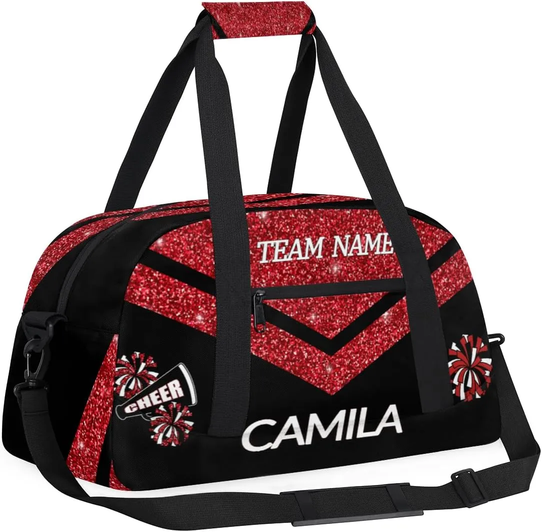 Personalized Children Gym Bag Girl Travel Duffle Bag Custom Cheer Bag Girl Customize Sport Duffel Bag with Name and Team Name Glitter Red