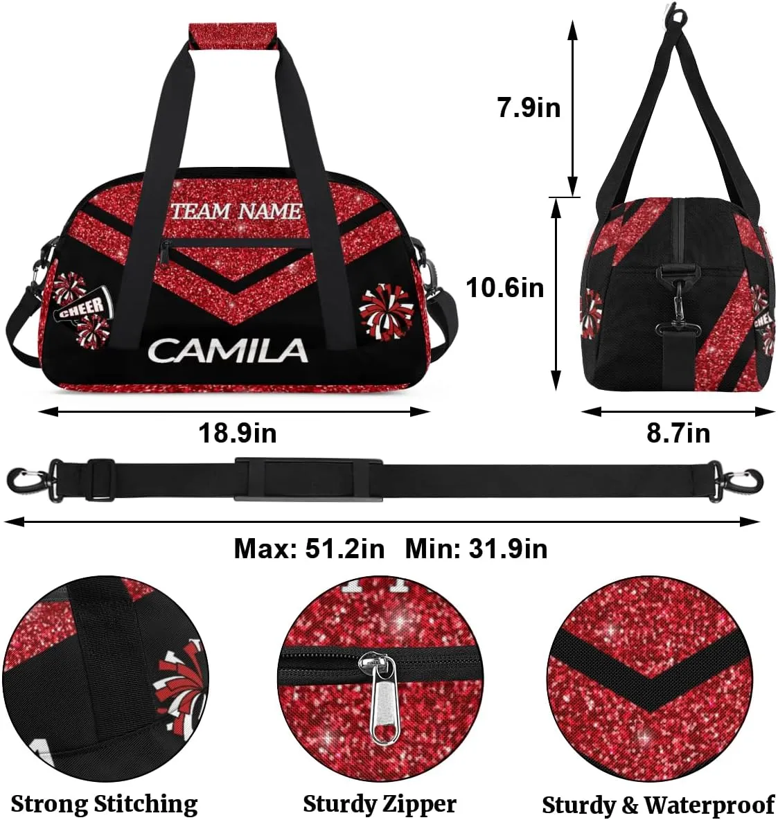Personalized Children Gym Bag Girl Travel Duffle Bag Custom Cheer Bag Girl Customize Sport Duffel Bag with Name and Team Name Glitter Red