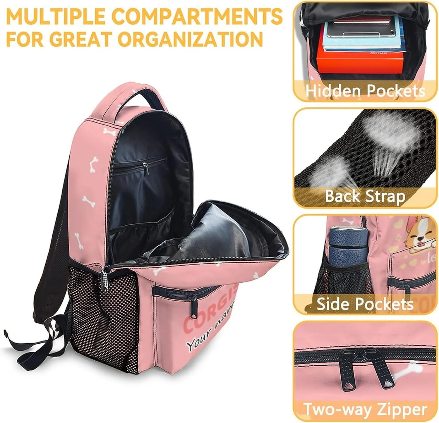 Personalized Corgi Backpacks for Girls Boys, 16 Inch Cute Backpack for School, Pink, Large Capacity, Durable, Lightweight Bookbag for Kids Travel
