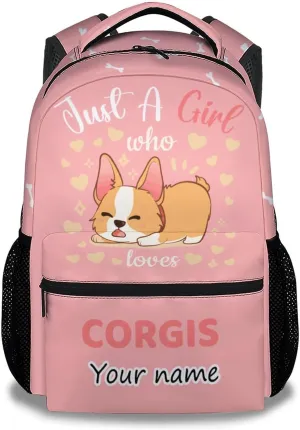Personalized Corgi Backpacks for Girls Boys, 16 Inch Cute Backpack for School, Pink, Large Capacity, Durable, Lightweight Bookbag for Kids Travel