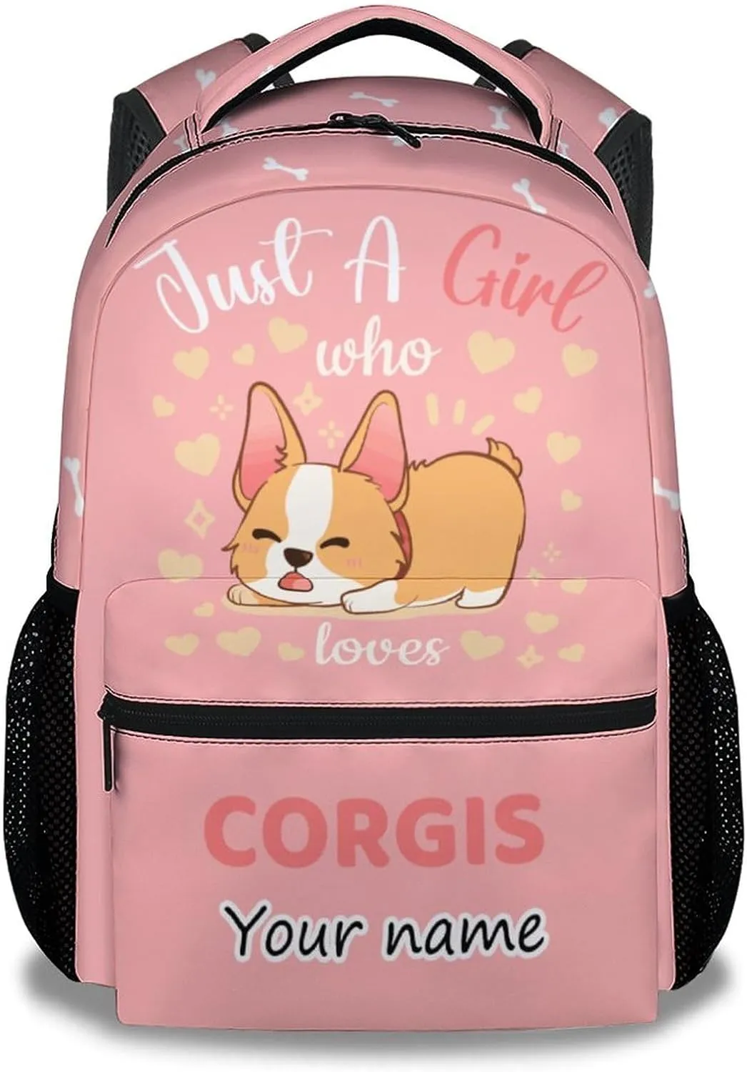 Personalized Corgi Backpacks for Girls Boys, 16 Inch Cute Backpack for School, Pink, Large Capacity, Durable, Lightweight Bookbag for Kids Travel