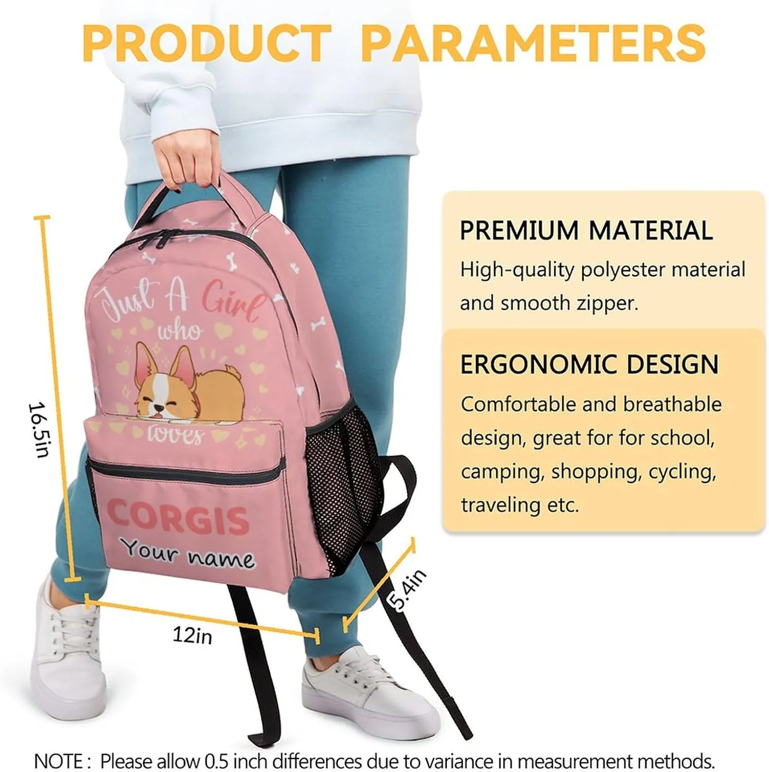 Personalized Corgi Backpacks for Girls Boys, 16 Inch Cute Backpack for School, Pink, Large Capacity, Durable, Lightweight Bookbag for Kids Travel