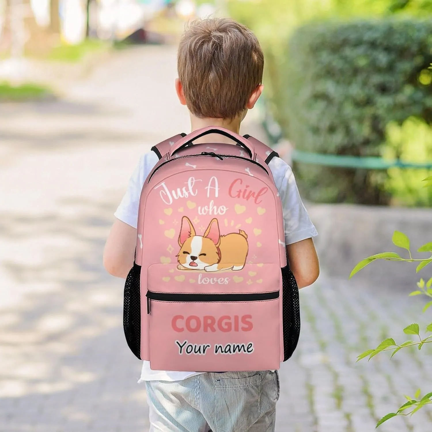 Personalized Corgi Backpacks for Girls Boys, 16 Inch Cute Backpack for School, Pink, Large Capacity, Durable, Lightweight Bookbag for Kids Travel