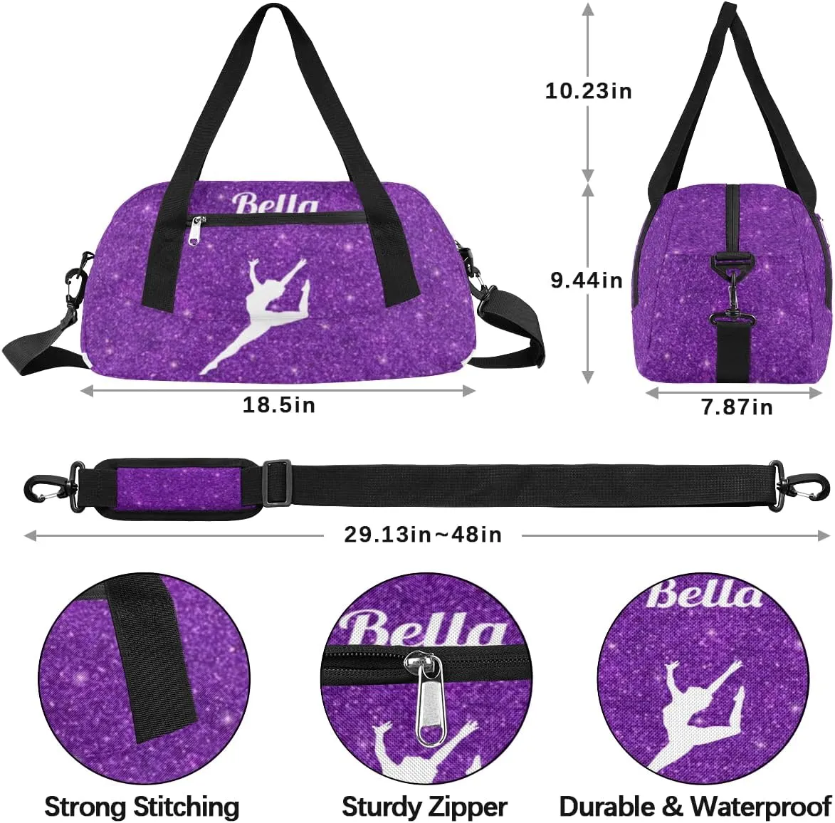 Personalized Custom Kids Duffel Bags, Customized Gifts Sports Gym Bag Custom Name Girls Dance Bag Overnight Weekender Sleepover Carry On Travel Tote Bag for Girls, Purple Glitter Dancing