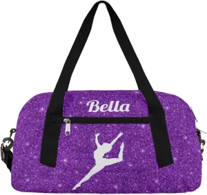 Personalized Custom Kids Duffel Bags, Customized Gifts Sports Gym Bag Custom Name Girls Dance Bag Overnight Weekender Sleepover Carry On Travel Tote Bag for Girls, Purple Glitter Dancing