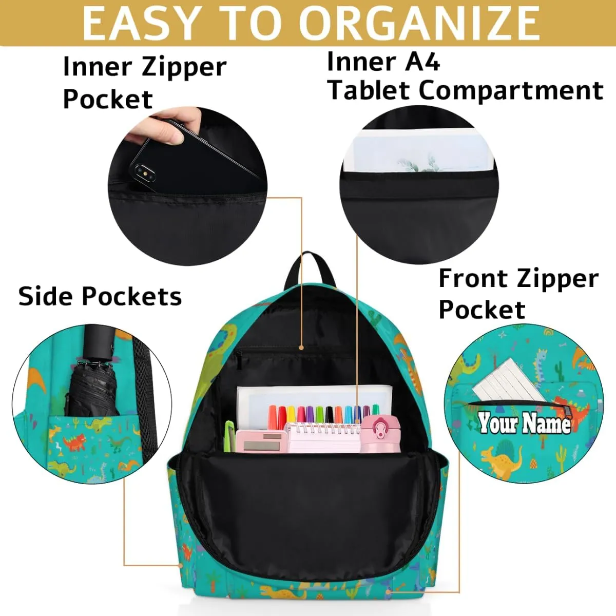 Personalized Cute Dinosaur Preschool Toddler Backpack for Boys Girls Custom Kids Name Small Bookbags Kindergarten Elementary Backpack, Dinosaur Print