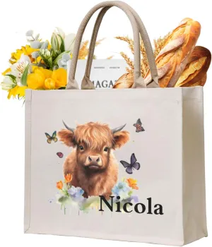 Personalized Cute Highland Cow Gifts Bag,Reusable Grocery Large Canvas Tote Bag with Handle for Women, Beach,Wedding,Birthday