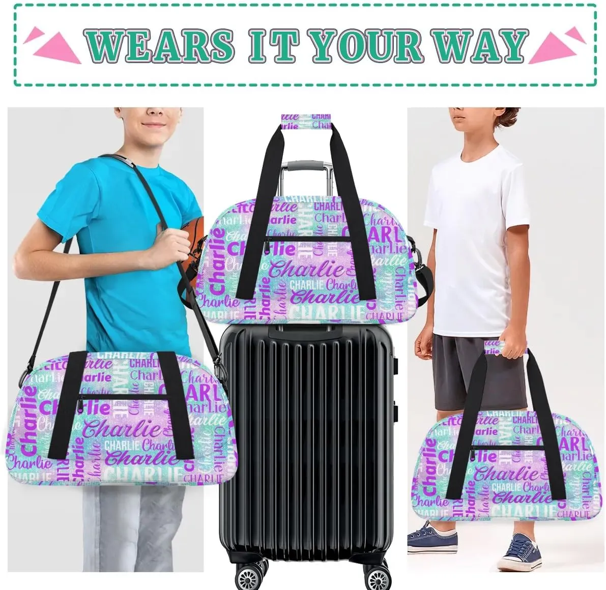 Personalized Dance Bag Duffel Bag for Girl, Custom Gym Bag Sport Duffel Bag, Ballet Bag Gymnastics Bag Cheerleader Weekender Bags Travel Bag for Kids Purple Glitter Text Name
