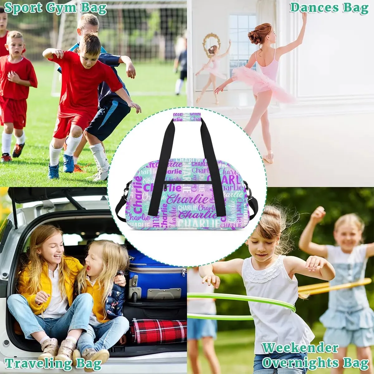 Personalized Dance Bag Duffel Bag for Girl, Custom Gym Bag Sport Duffel Bag, Ballet Bag Gymnastics Bag Cheerleader Weekender Bags Travel Bag for Kids Purple Glitter Text Name