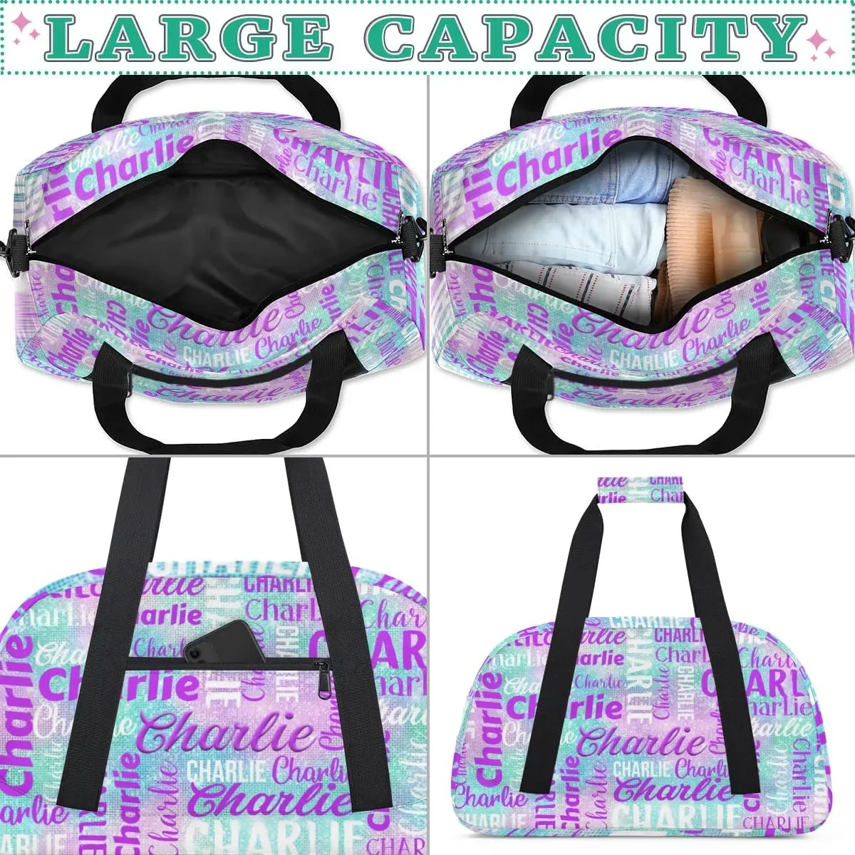 Personalized Dance Bag Duffel Bag for Girl, Custom Gym Bag Sport Duffel Bag, Ballet Bag Gymnastics Bag Cheerleader Weekender Bags Travel Bag for Kids Purple Glitter Text Name