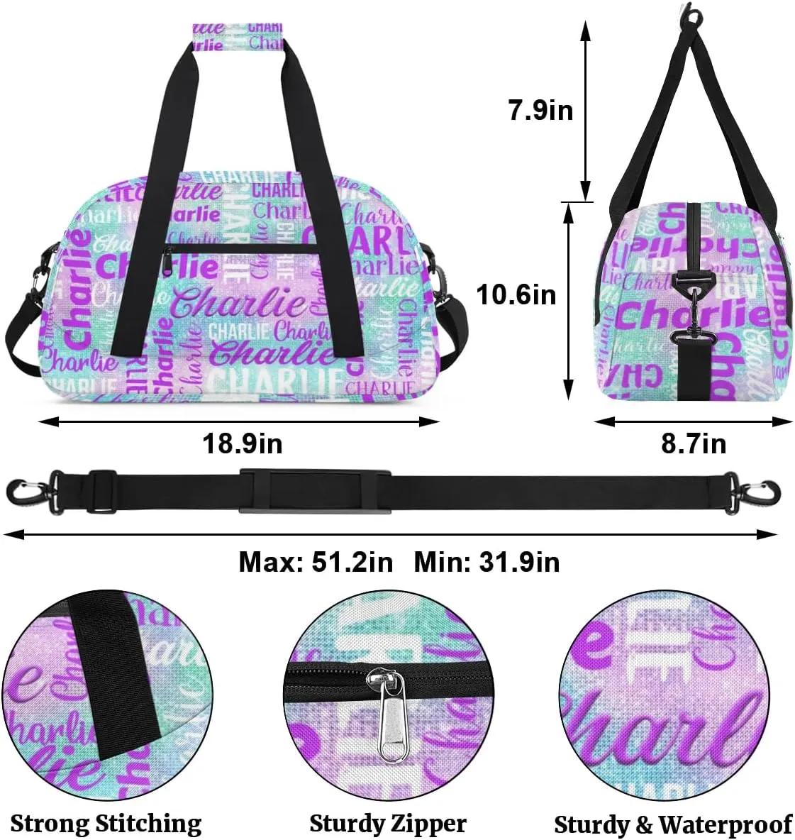 Personalized Dance Bag Duffel Bag for Girl, Custom Gym Bag Sport Duffel Bag, Ballet Bag Gymnastics Bag Cheerleader Weekender Bags Travel Bag for Kids Purple Glitter Text Name