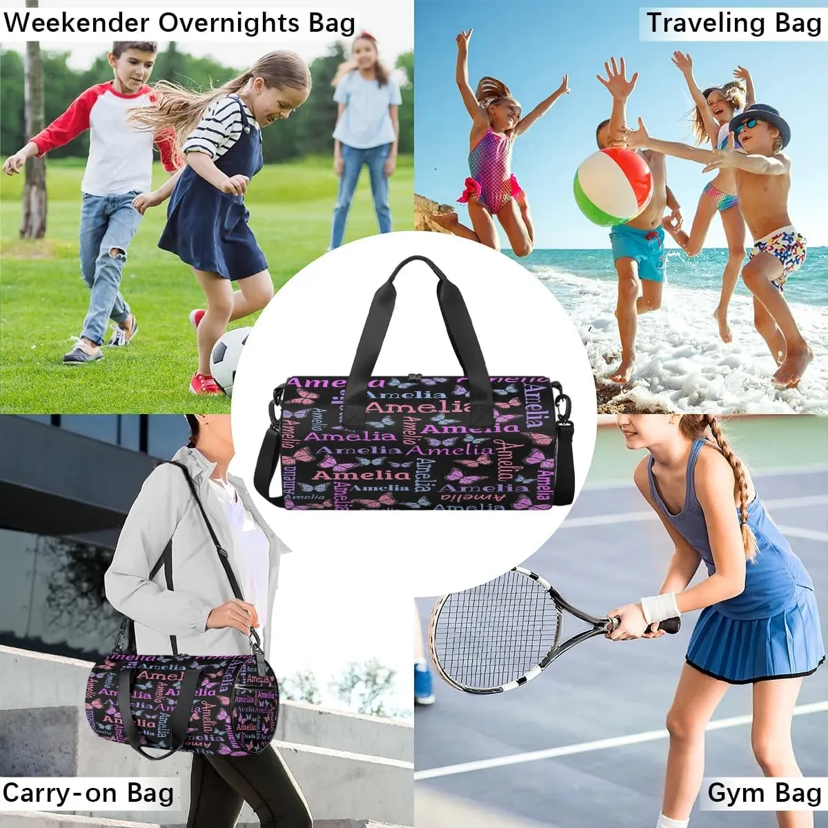 Personalized Dance Bag Duffle Bag for Girl, Custom Gym Bag Gymnastics Sport Travel Bag Weekender Bags with Adjustable Butter Glitter