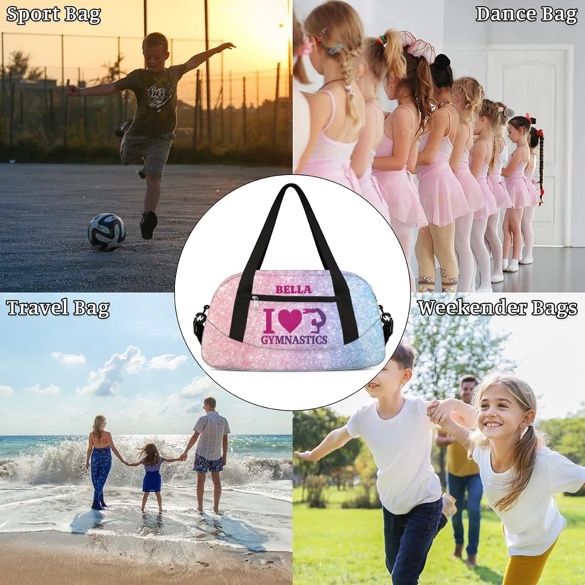 Personalized Dance Bag Gym Bag for Girl, Custom Sport Duffel Bag Weekender Bags Travel Duffel Bag Pink Blue Glitter Gymnastics