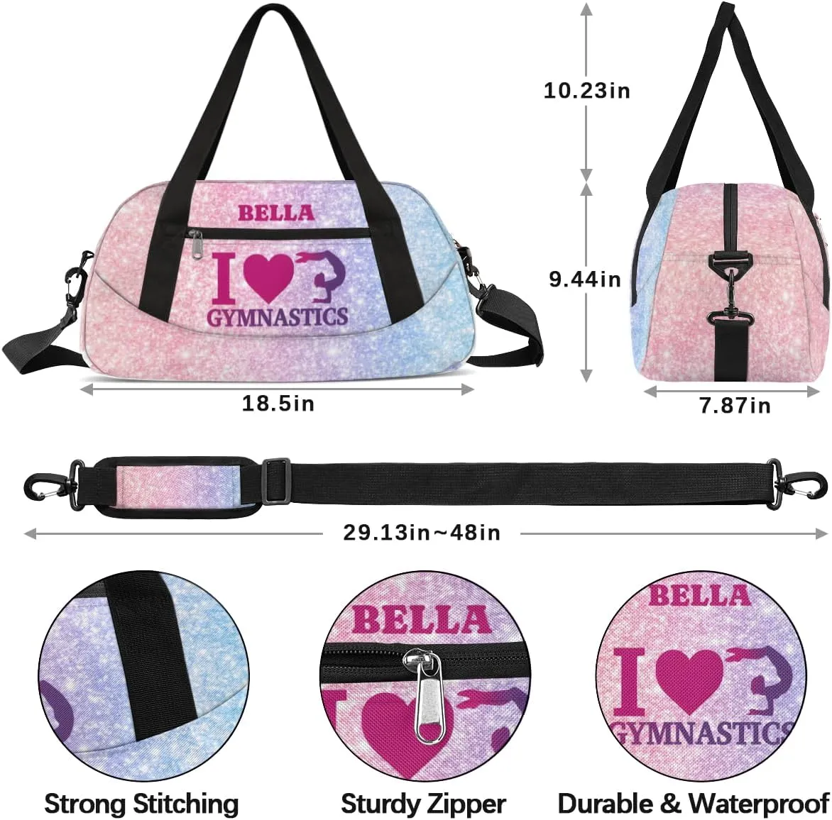 Personalized Dance Bag Gym Bag for Girl, Custom Sport Duffel Bag Weekender Bags Travel Duffel Bag Pink Blue Glitter Gymnastics