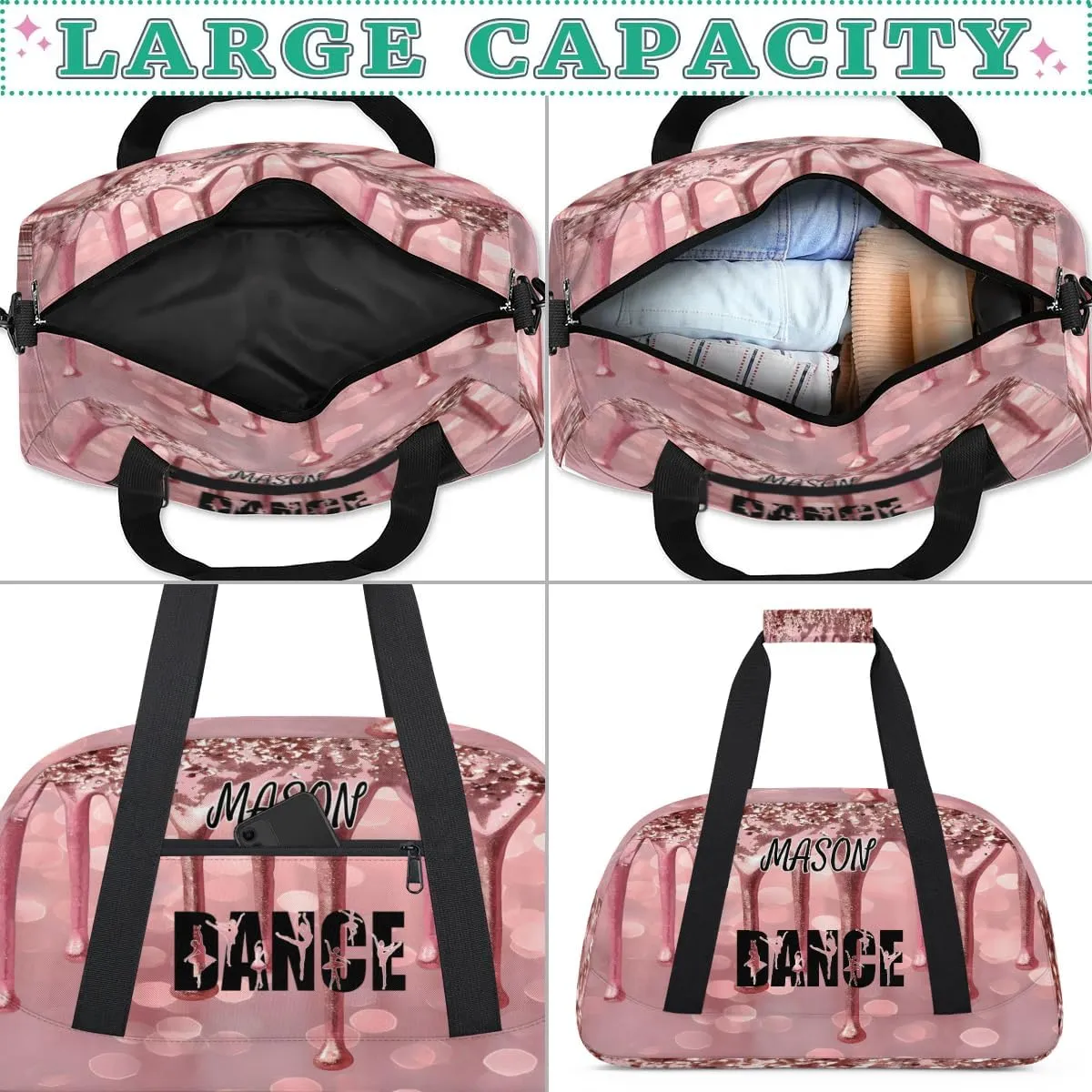 Personalized Dance Bag Gym Bag for Women, Custom Sport Duffel Bag Overnight Weekender Bags Travel Duffel Bag, Fluids Glitter