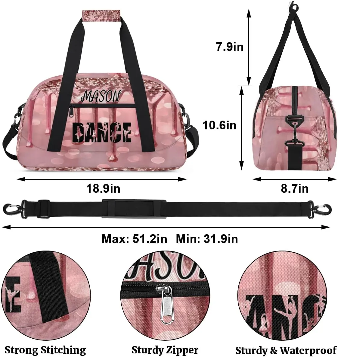 Personalized Dance Bag Gym Bag for Women, Custom Sport Duffel Bag Overnight Weekender Bags Travel Duffel Bag, Fluids Glitter