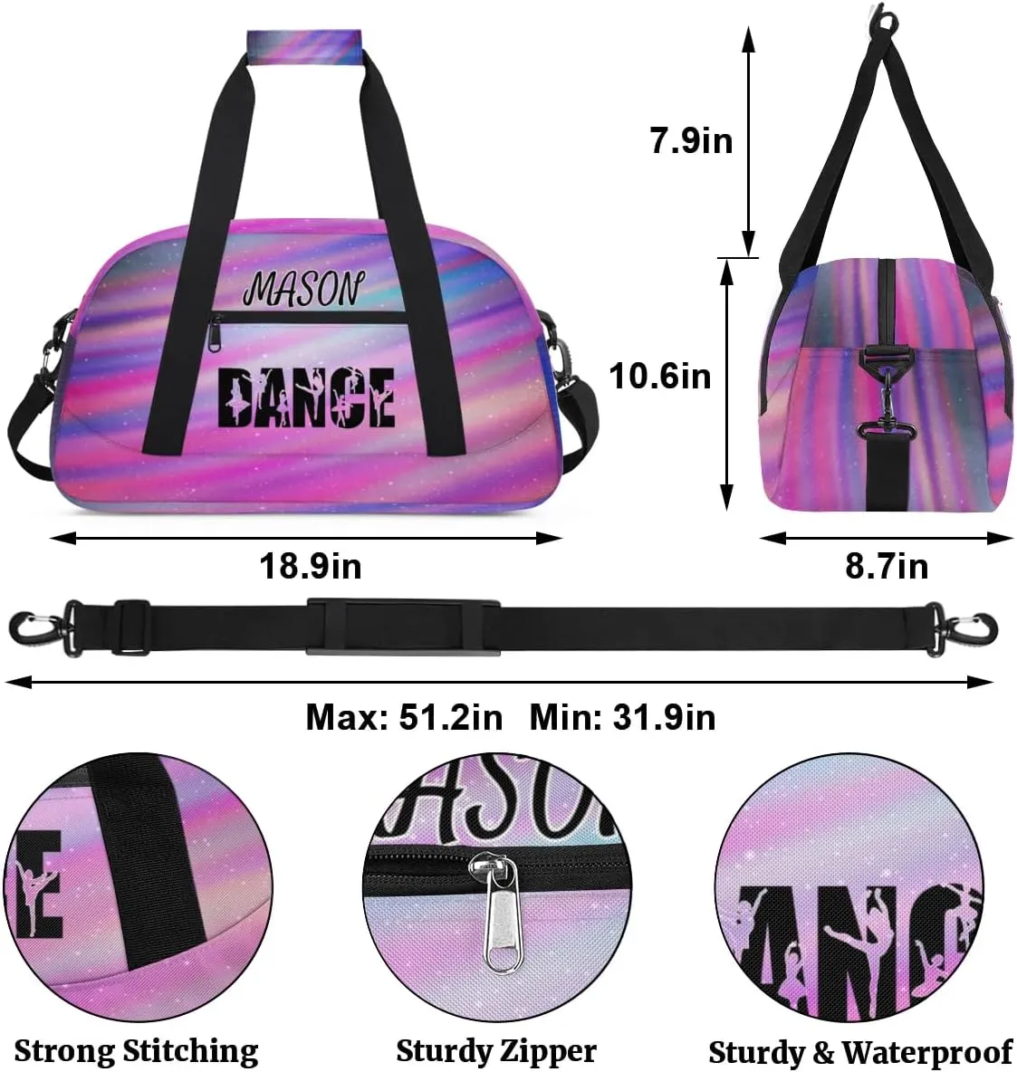 Personalized Dance Bag Gym Bag for Women, Custom Sport Duffel Bag Overnight Weekender Bags Travel Duffel Bag, Funny Colorful Glitter