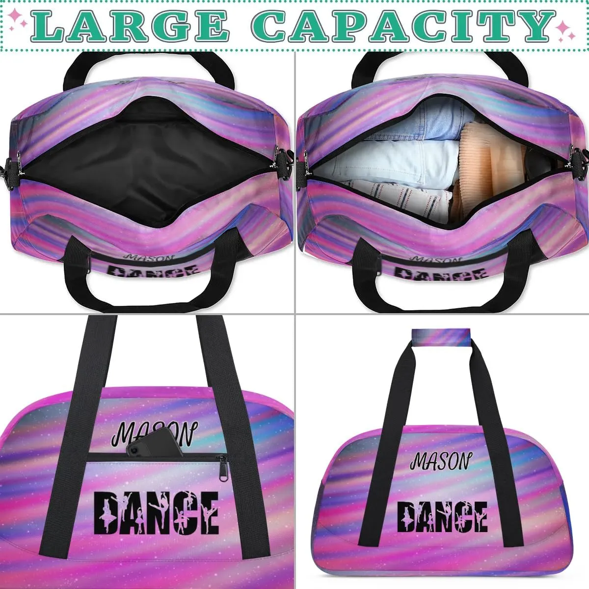 Personalized Dance Bag Gym Bag for Women, Custom Sport Duffel Bag Overnight Weekender Bags Travel Duffel Bag, Funny Colorful Glitter