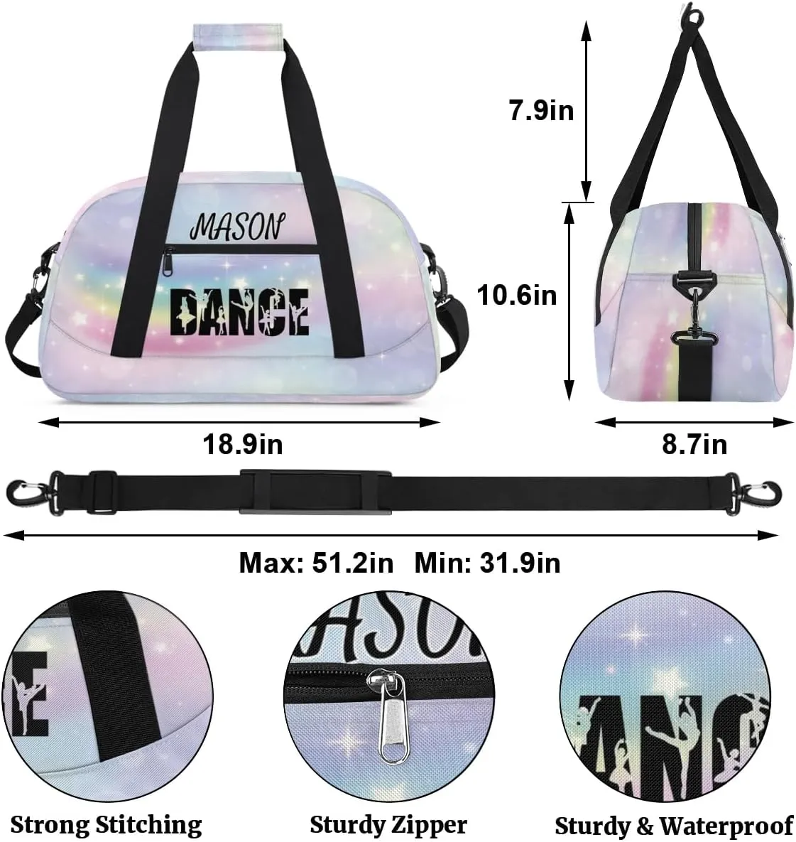 Personalized Dance Bag Gym Bag for Women, Custom Sport Duffel Bag Overnight Weekender Bags Travel Duffel Bag, Romantic Rainbow Glitter