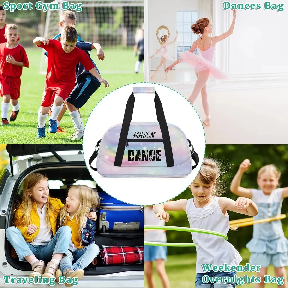 Personalized Dance Bag Gym Bag for Women, Custom Sport Duffel Bag Overnight Weekender Bags Travel Duffel Bag, Romantic Rainbow Glitter