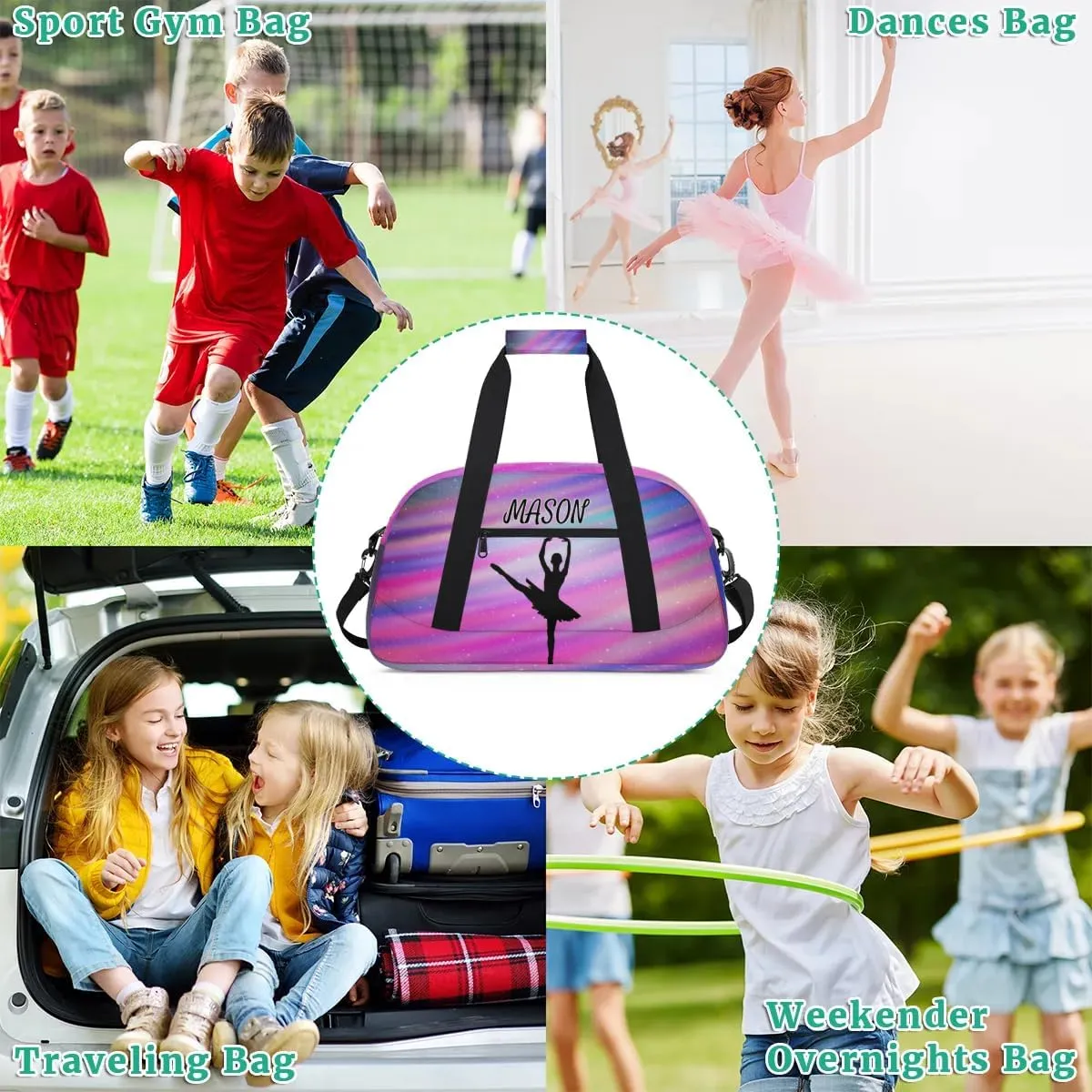 Personalized Dance Bag Gym Bag with Name for Women, Custom Sport Duffel Bag Overnight Weekender Bags Travel Duffel Bag with Dancing Silhouette, Funny Colorful Glitter