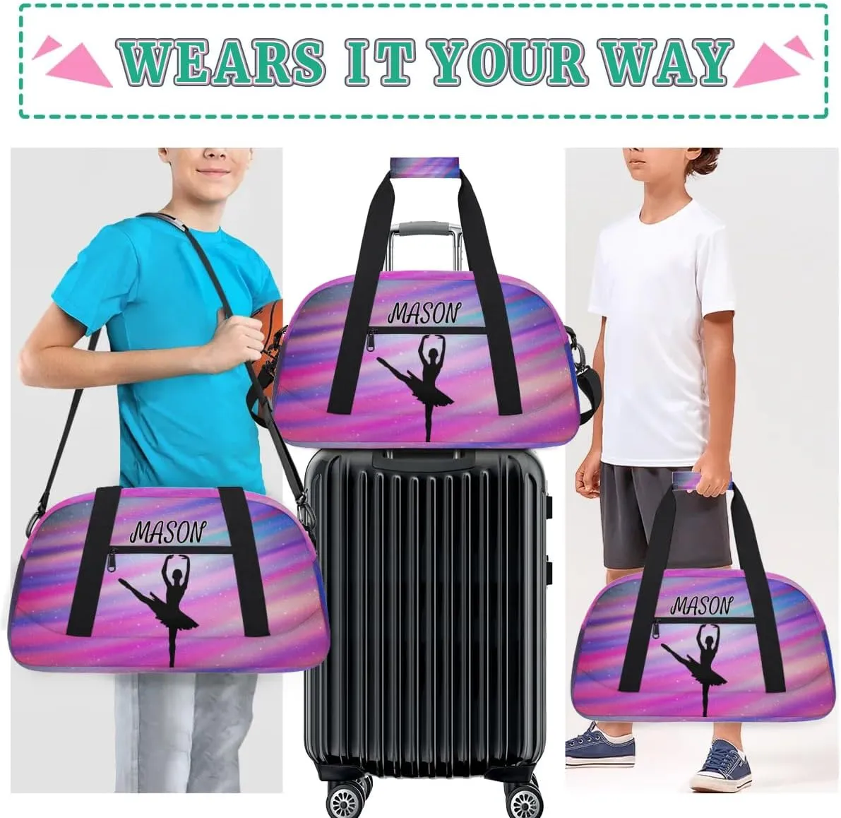 Personalized Dance Bag Gym Bag with Name for Women, Custom Sport Duffel Bag Overnight Weekender Bags Travel Duffel Bag with Dancing Silhouette, Funny Colorful Glitter