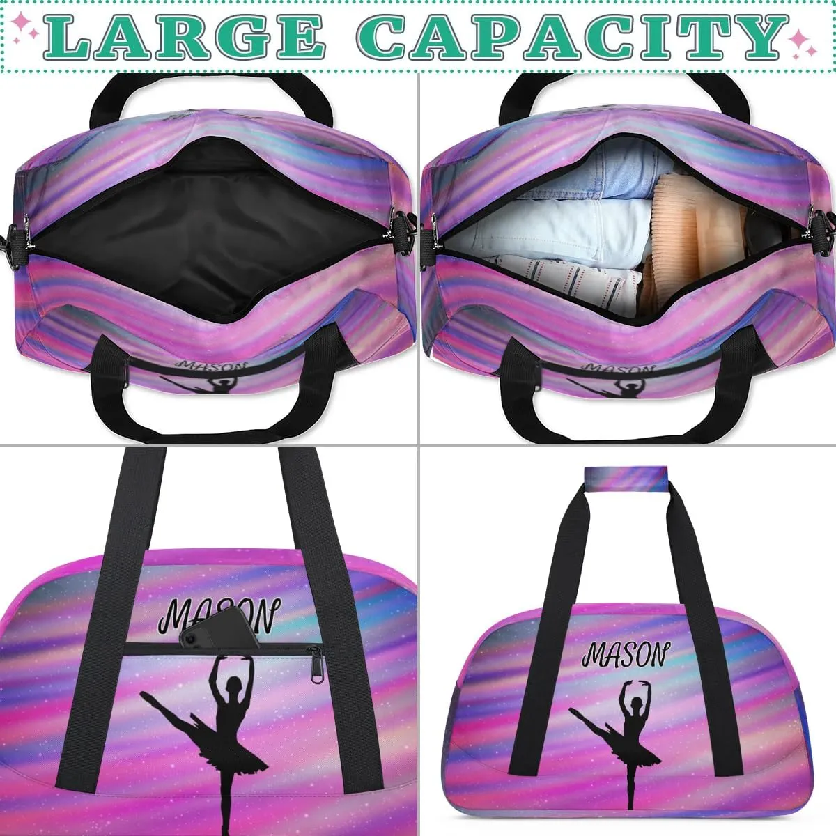 Personalized Dance Bag Gym Bag with Name for Women, Custom Sport Duffel Bag Overnight Weekender Bags Travel Duffel Bag with Dancing Silhouette, Funny Colorful Glitter