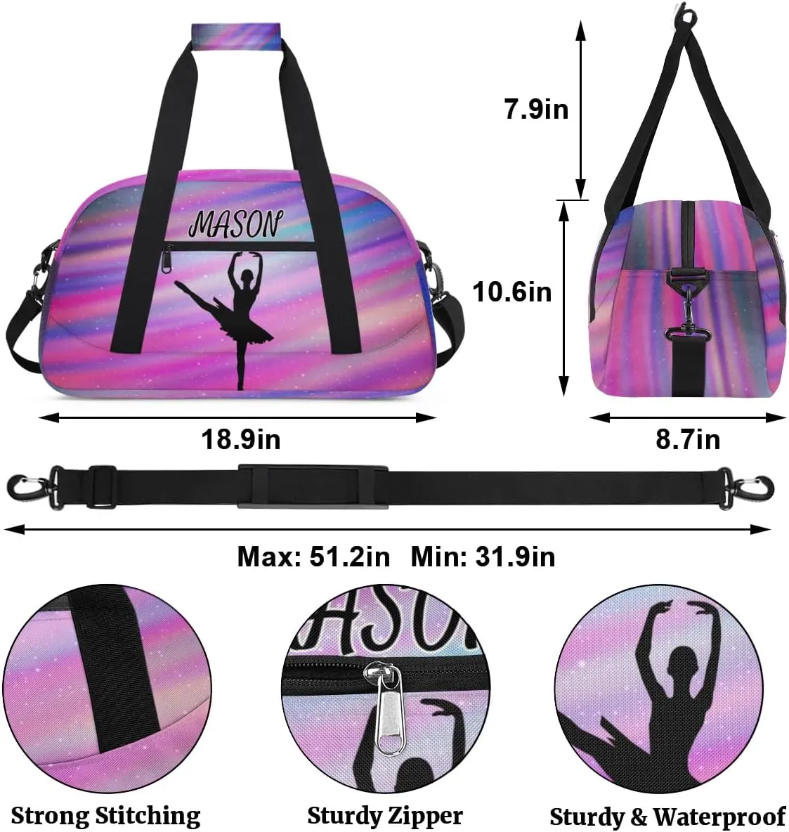 Personalized Dance Bag Gym Bag with Name for Women, Custom Sport Duffel Bag Overnight Weekender Bags Travel Duffel Bag with Dancing Silhouette, Funny Colorful Glitter