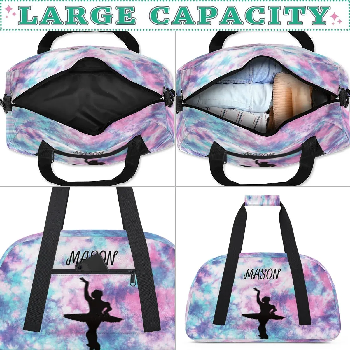 Personalized Dance Bag Gym Bag with Name for Women, Custom Sport Duffel Bag Overnight Weekender Bags Travel Duffel Bag with Dancing Silhouette, Glitter Pattern