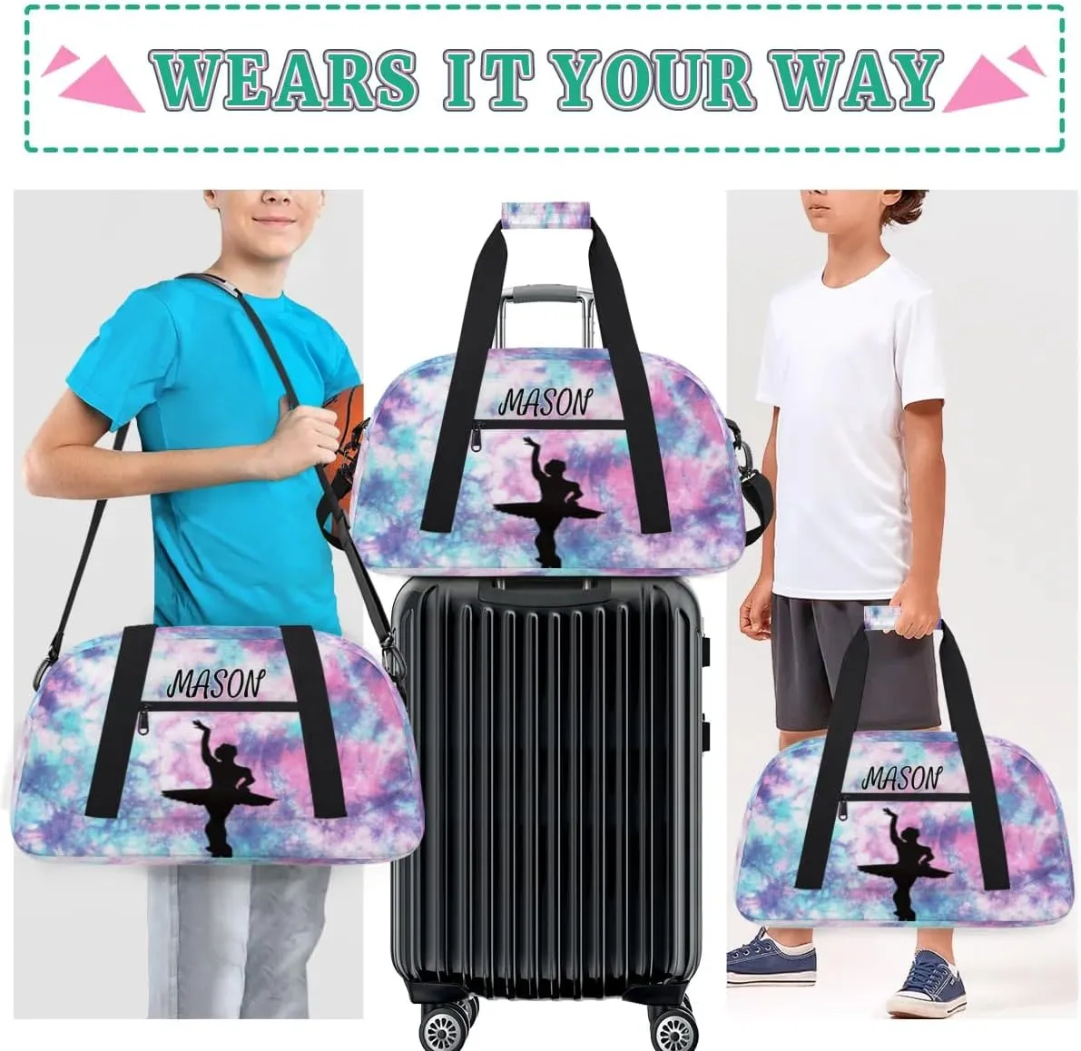 Personalized Dance Bag Gym Bag with Name for Women, Custom Sport Duffel Bag Overnight Weekender Bags Travel Duffel Bag with Dancing Silhouette, Glitter Pattern