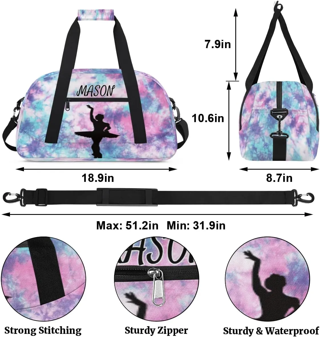 Personalized Dance Bag Gym Bag with Name for Women, Custom Sport Duffel Bag Overnight Weekender Bags Travel Duffel Bag with Dancing Silhouette, Glitter Pattern