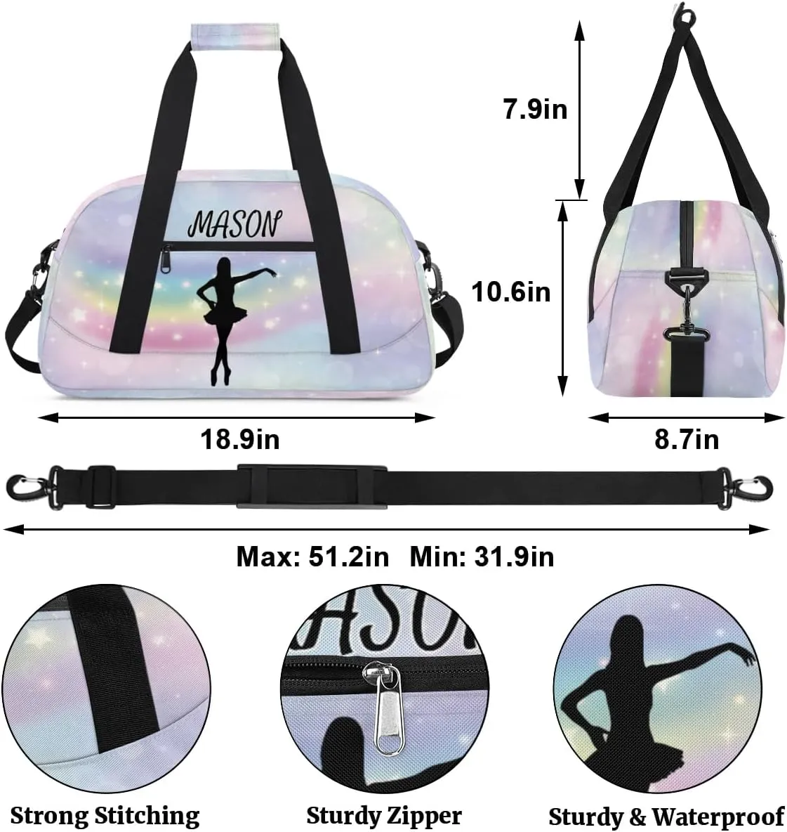 Personalized Dance Bag Gym Bag with Name for Women, Custom Sport Duffel Bag Overnight Weekender Bags Travel Duffel Bag with Dancing Silhouette, Romantic Rainbow Glitter