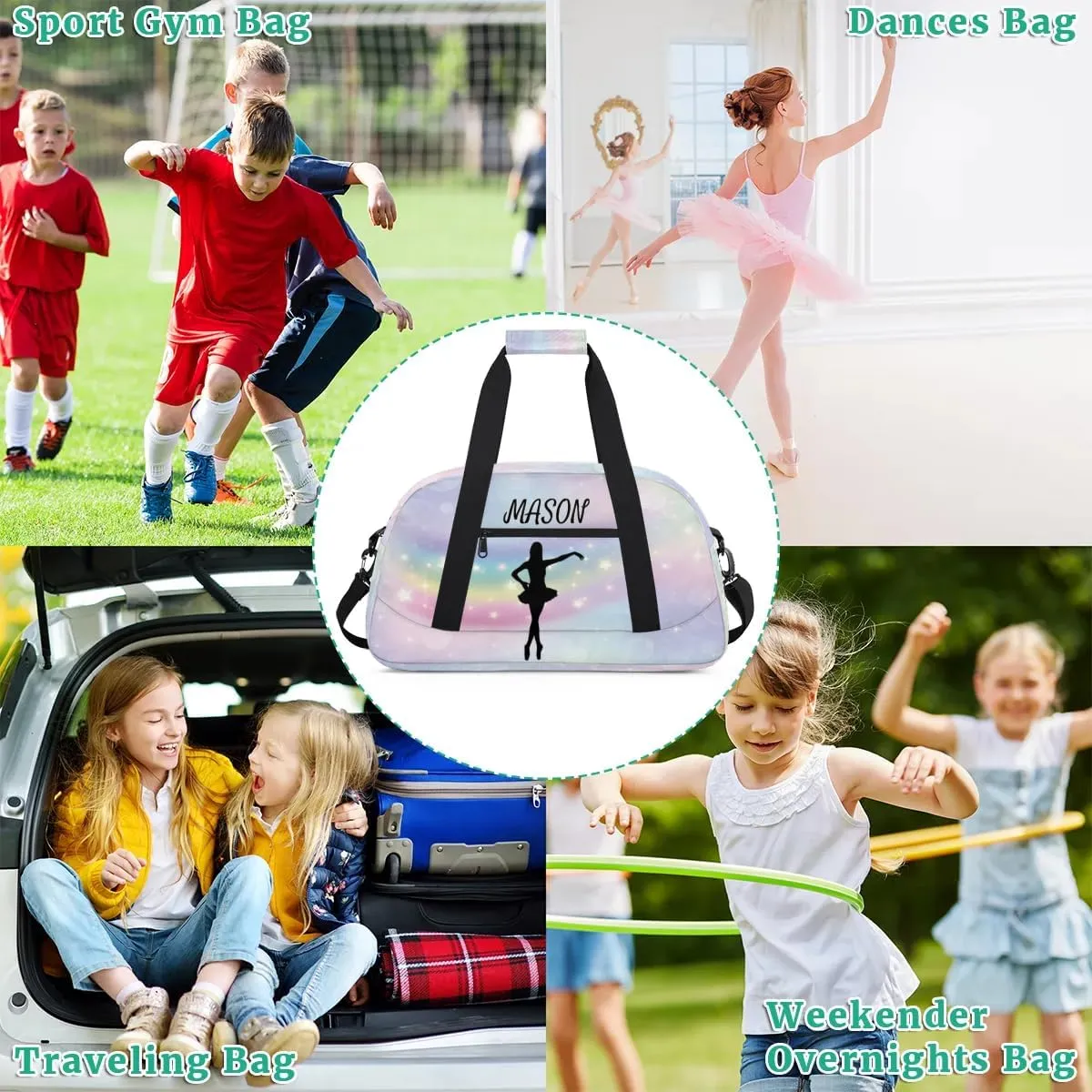 Personalized Dance Bag Gym Bag with Name for Women, Custom Sport Duffel Bag Overnight Weekender Bags Travel Duffel Bag with Dancing Silhouette, Romantic Rainbow Glitter