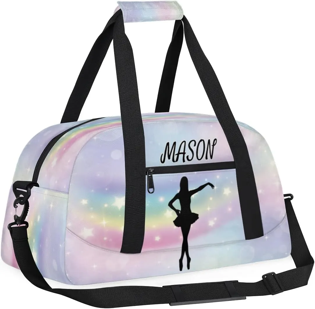 Personalized Dance Bag Gym Bag with Name for Women, Custom Sport Duffel Bag Overnight Weekender Bags Travel Duffel Bag with Dancing Silhouette, Romantic Rainbow Glitter