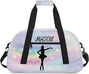 Personalized Dance Bag Gym Bag with Name for Women, Custom Sport Duffel Bag Overnight Weekender Bags Travel Duffel Bag with Dancing Silhouette, Romantic Rainbow Glitter