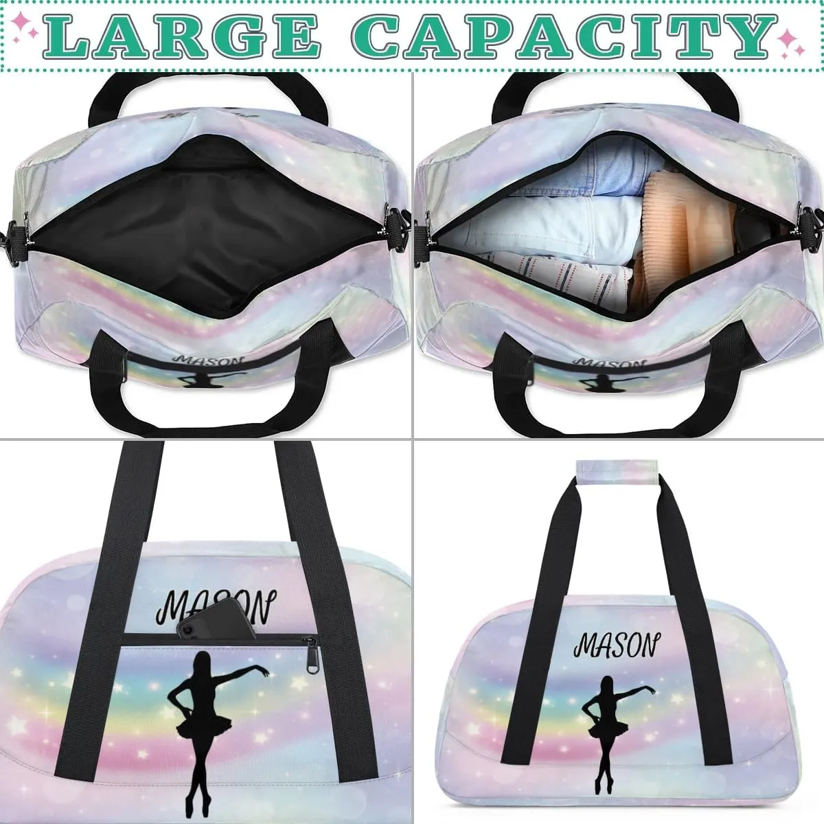 Personalized Dance Bag Gym Bag with Name for Women, Custom Sport Duffel Bag Overnight Weekender Bags Travel Duffel Bag with Dancing Silhouette, Romantic Rainbow Glitter
